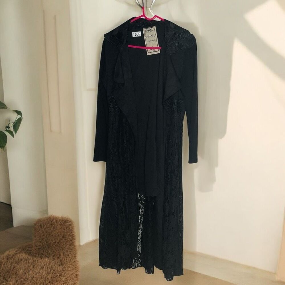 Vintage Concept Duster Cardigan Womens‎ Size Small Black Lace Gothic Jacket